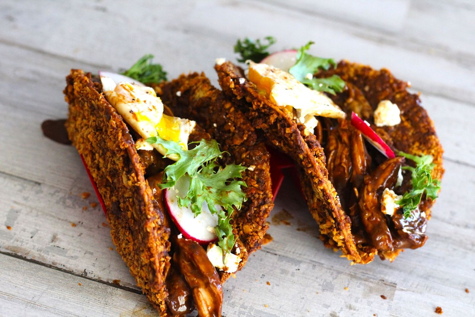 Chicken Mole in Nacho Cheese Tortilla Shells