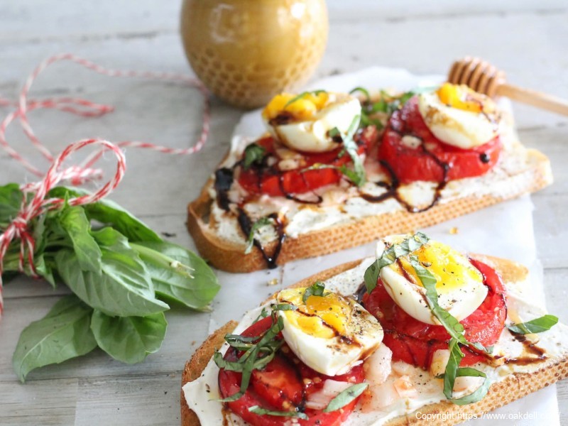 Whipped Cottage Cheese Bruschetta Toast with Jammy Eggs
